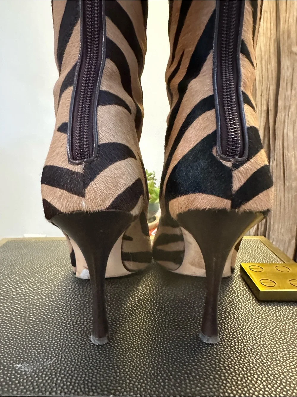 Manolo Blahnik Zebra-Print Over-the-Knee Boots in Black and Tan